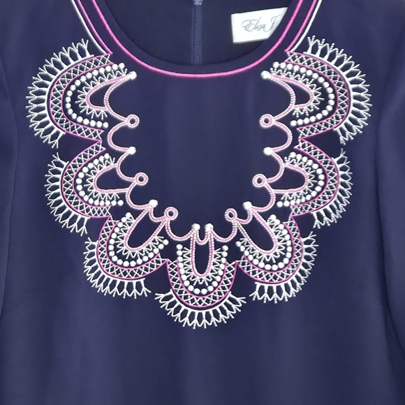 Eliza J | Navy Blue Pink White Embroidered Crepe Sheath Dress Size 4 - Picture 3 of 8